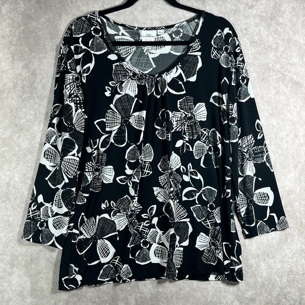 Hot Cotton Top Womens XL Black White Floral Scoop Neck 3/4 Sleeves Career Artsy